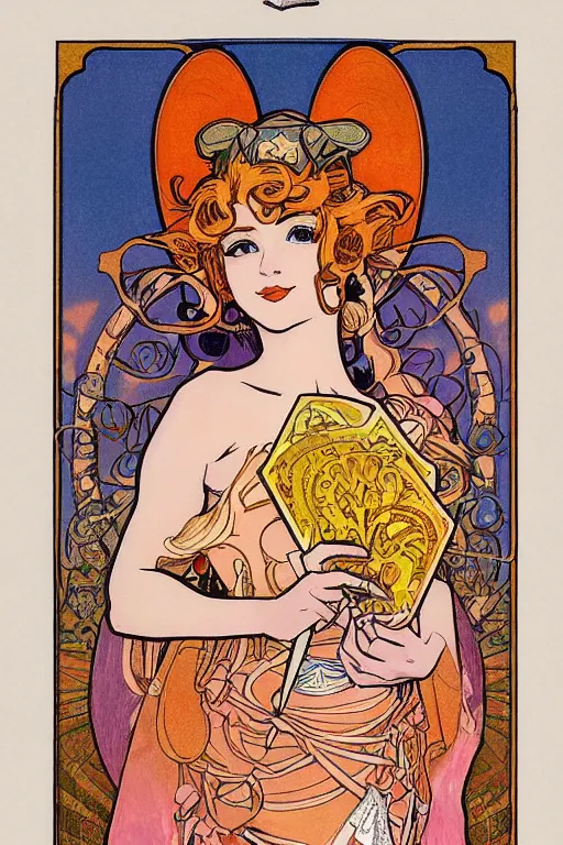 Image similar to full length painting of princess peach art nouveau, tarot card by mucha, gaudy colors, sharp edges, intricate linework.