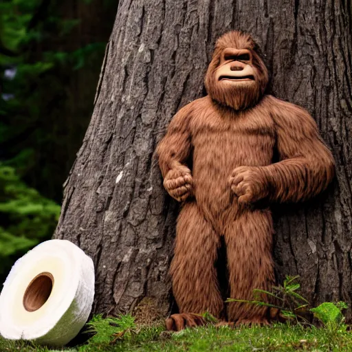 Prompt: bigfoot sitting on a stump holding rolls and rolls of toilet paper