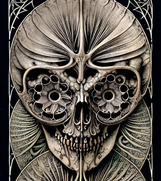 Image similar to art forms of nature by ernst haeckel, memento mori by arthur rackham, ornate antique porcelain beautiful skull mask, ultrasharp, photorealistic, hyperdetailed, octane render, polished, art nouveau, neo - gothic, gothic, intricate ornamental organic filigree, art nouveau botanicals, art forms of nature by ernst haeckel, horizontal symmetry, symbolist, visionary