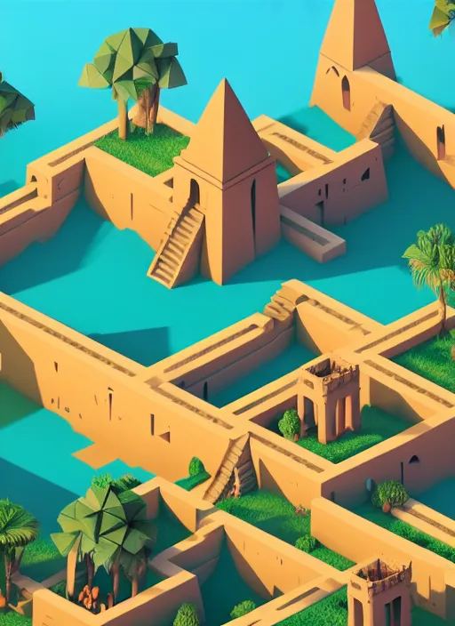 Prompt: a low poly isometric render of an egyptian village in the style of monument valley, intricate, elegant, smooth shading, soft lighting, illustration, simple, solid shapes, by magali villeneuve, jeremy lipkin and michael garmash, rob rey and kentaro miura style, octane render, midsommar