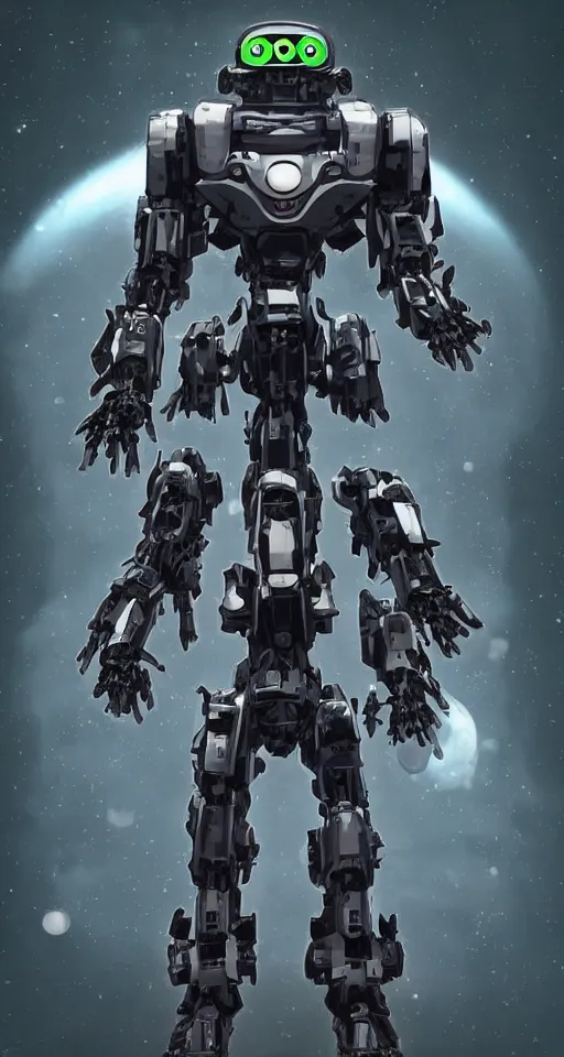 Image similar to a _ full _ body _ shot _ of _ an _ imposing _ cyborg mecha gorrila modeled _ after _ a _ futuristic solar punk technology mecha suit _ with _ glowing _ eyes _ with _ glowing _ eyes _ looking _ into _ the _ camera _ android _ cyborgglowin.