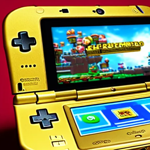 Image similar to a hyper, coherent photoshoot of a golden nintendo 3 ds system