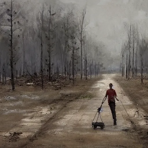 Image similar to painting by jakub rozalski of a person walking with a wheelbarrow in an abandoned post soviet town infested with root monsters