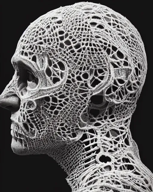 Prompt: a man's face in profile, made of intricate lace skeleton, in the style of the dutch masters and gregory crewdson, dark and moody