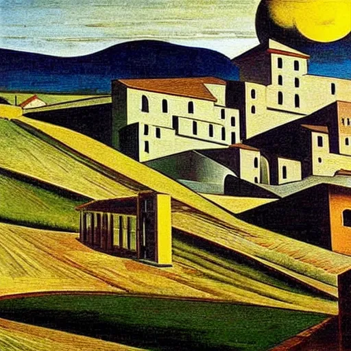 Image similar to dreaming tesla in toscana landscape with modern houses, painted by Giorgio de Chirico, highly detailed