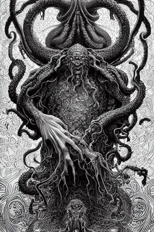 Image similar to cthulhu and a young chubby mexican man with curly hair, by artgerm and yoshitaka amano and moebius and hr giger and zdislaw beksinski and alphonse mucha, hyperdetailed, symmetry, glamour, surreal, dc comics, ornate, stunning, nebula, explosions in the sky, trending on artstation