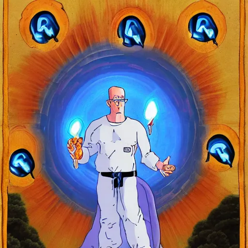 Prompt: hank hill as the god of propane, white tshirt, blue jeans, surrounded by blue fire, surrounded by blue flames, renaissance religious painting, late gothic religious paintings, byzantine religious art, trending on artstation