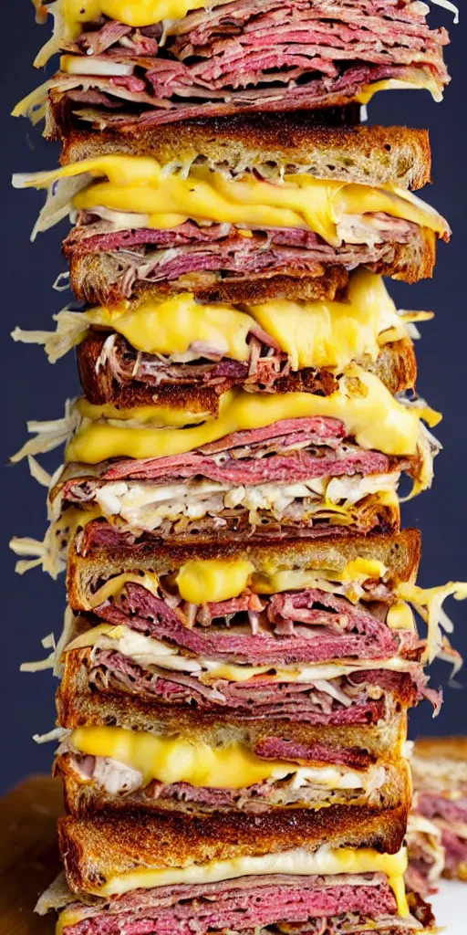 Prompt: a photograph of a rueben tower sandwich filled with so much cornbeef roasted meat that the sandwich is 5 - 1 0 x times taller than other sandwiches, it looks mouth watering with melting cheeses and grilled onions, 1 0 0 0 island dressing and pumpernickle bread cooked to perfection, food photography