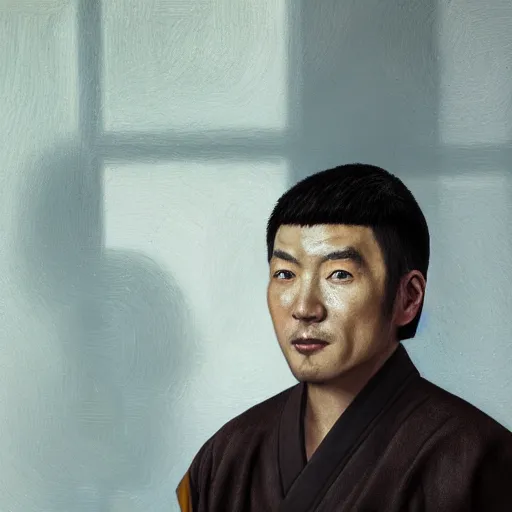 Prompt: portrait painting of a 3 5 - year - old chinese man, taoist priest, a goatee ， dressed in taoist robe, like andy lau, immortal bone, affable ， wenjun lin, unreal engine 5 highly rendered, global illumination, radiant light, detailed and intricate environment