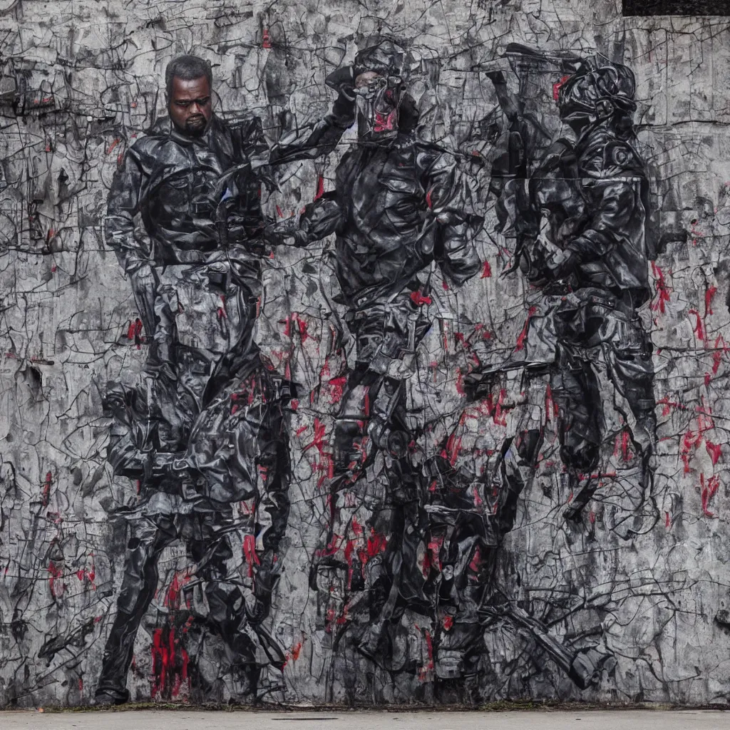 Prompt: kanye west as the terminator, street art, abandoned factory