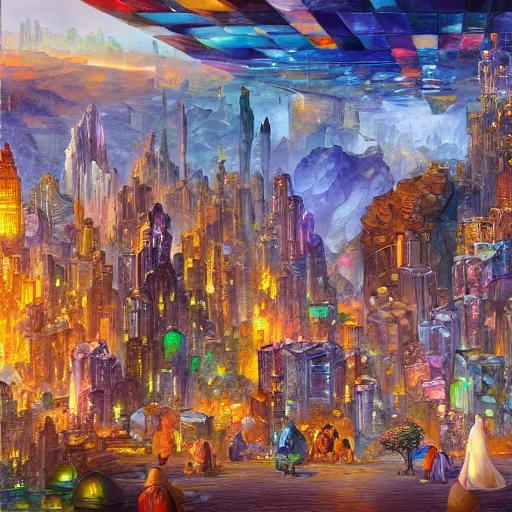 Image similar to gemstone crystal city, city made of bismuth cryengine render by android jones, james christensen, rob gonsalves, leonid afremov and tim white