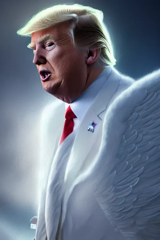 Image similar to donald trump as an angel, anatomy, bathed in light, highly detailed, photorealistic, artstation, smooth, sharp focus, illustration, unreal engine 5, 8 k, art by artgerm and greg rutkowski and edgar maxence