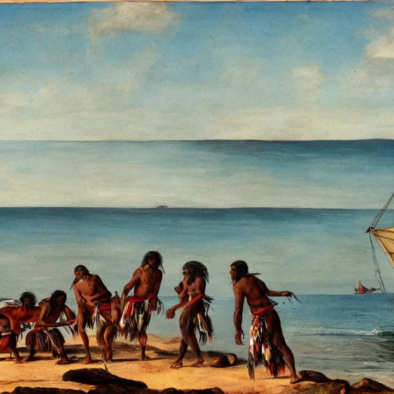 Prompt: An aborigine on the shoreline from Australia trading with a English settlers coming off a tri-hull wooden ship, the settlers are wearing multicolour clothes, the ocean horizon is in the distance,