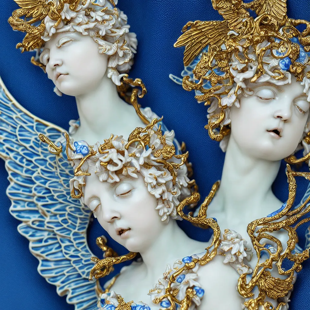 Image similar to a closeup photo - real delicate ceramic porcelain sculpture of an ornate detailed of an angel in front of an intricate background by rafael, micro detail, backlit lighting, subsurface scattering, translucent, thin porcelain, octane renderer, black and blue and gold jewelry, physically based rendering, trending on cgsociety