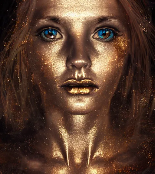 Image similar to bioluminescent long exposure light painting of a beautified full frame photo realistic face with lee jeffries style skin texture, lifelike incredible hair, crystalline masterpiece incrustations, gold, copper, bronze white plastic biomechanical with specular highlights, hyperdetailed face, elegant pose, movie still, octane render, cinematic forest lighting,