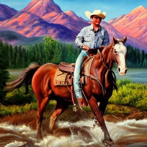 Image similar to hyper realistic painting in realism style of a cowboy on a horse crossing a river with mountains in the background