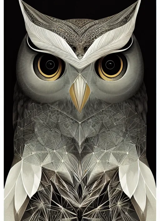 Image similar to portrait of a geometric owl, identical eyes, medium shot, illustration, full body made of white feathers, symmetrical, art stand, super detailed, cinematic lighting, and its detailed and intricate, gorgeous, by peter mohrbacher