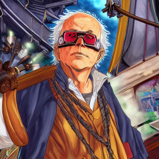 Image similar to bernie sanders as a shonen protagonist standing on the deck of a pirate ship, eye patch, colorful parrot, anime style, intricate, highly detailed, digital painting, artstation, concept art, 4 k