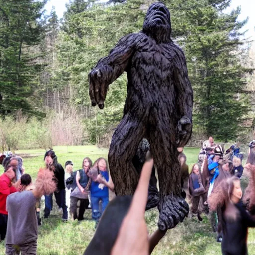 Image similar to occult worshippers worshipping a bigfoot statue