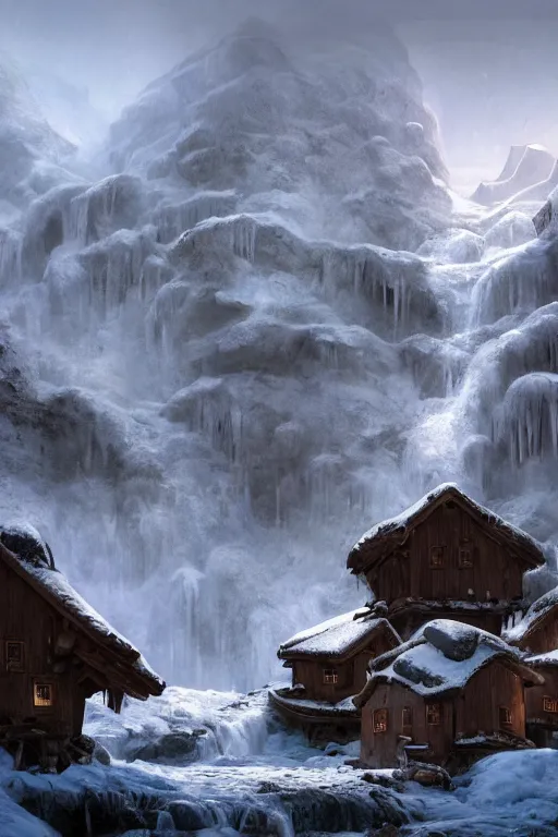 Image similar to mountain village with wooden viking houses on top of a waterfall in the snow, blizzard, a small stream runs beneath the waterfall, iceicles, landscape, raphael lacoste, eddie mendoza, alex ross, concept art, matte painting, highly detailed, rule of thirds, dynamic lighting, cinematic, detailed, denoised, centerd