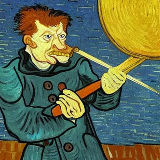 Image similar to fry with a sword, painting, artwork by van gogh