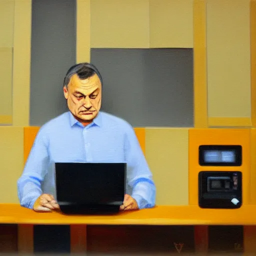 Prompt: viktor orban computer programming in a cubicle, oil painting