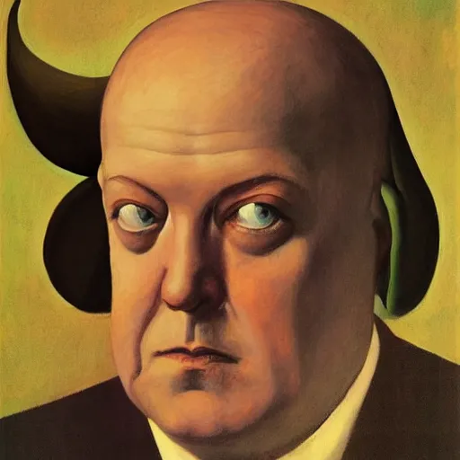 Image similar to Aleister Crowley with horns and hooves by Raphael, Hopper, and Rene Magritte. detailed, romantic, enchanting, trending on artstation