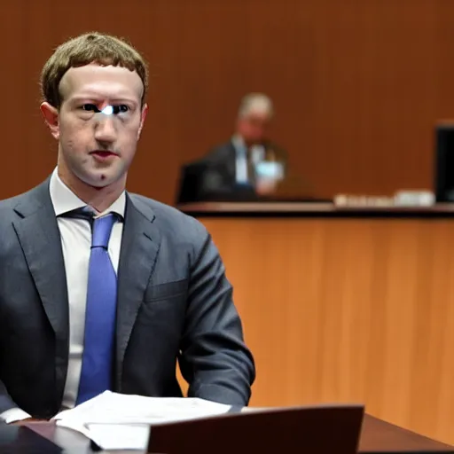 Prompt: disappointed mark zuckerberg on his trial at the hague