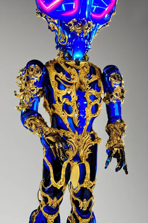 Image similar to full-body sculpture of a young handsome Colombiano prince as a half cibernetic android with a glowing blue battery in his chest, white laser beam coming out of his eyes, crown of giant diamonds, flowing neon-colored silk, fabric, raptors, in a cyperbunk and baroque style. baroque elements. full-length view. baroque element. intricate artwork by caravaggio. many many birds birds on background. Trending on artstation, octane render, cinematic lighting from the right, hyper realism, octane render, 8k, depth of field, 3D