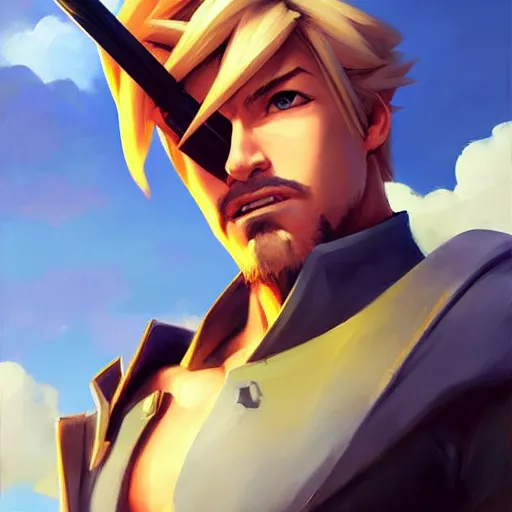 Image similar to Greg Manchess portrait painting o Cloud Strife as Overwatch character, medium shot, asymmetrical, profile picture, Organic Painting, sunny day, Matte Painting, bold shapes, hard edges, street art, trending on artstation, by Huang Guangjian and Gil Elvgren and Sachin Teng