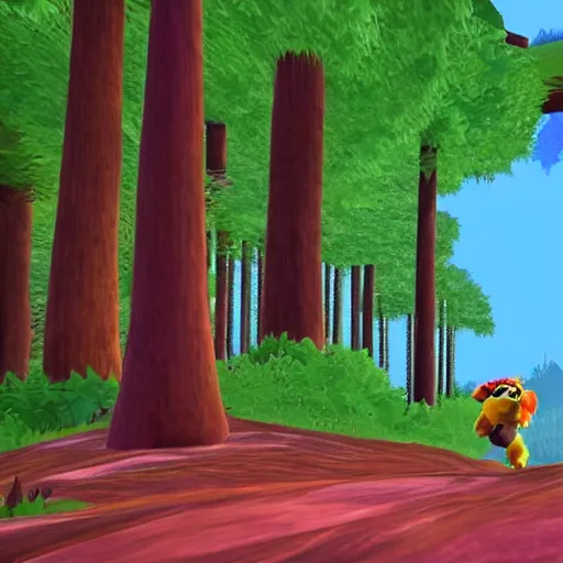 Prompt: banjo - kazooie running on a dreamy landscape resembling a forest of treetops, a jiggy at the end of the map