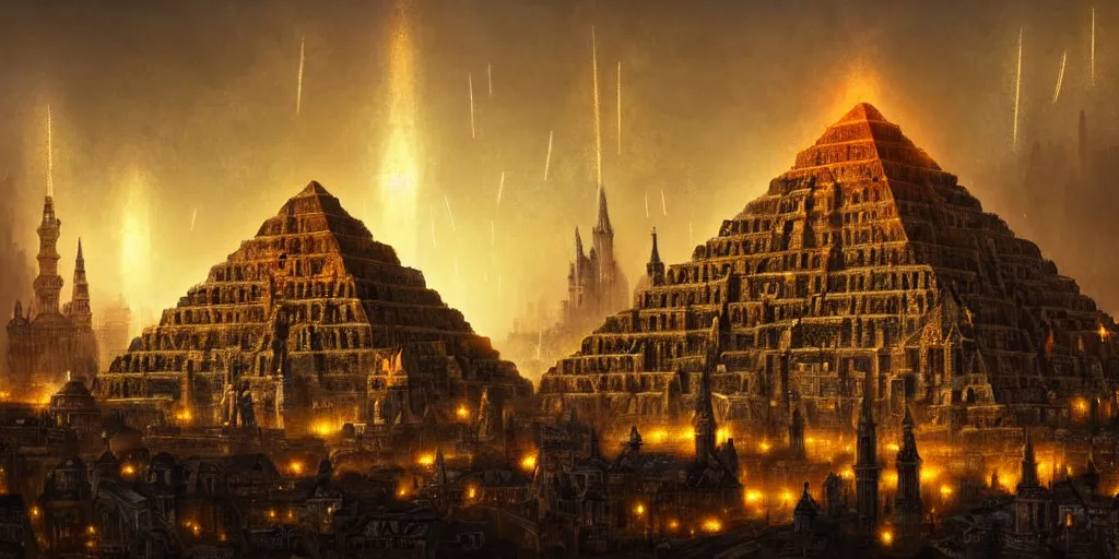 Image similar to magical city of the Great Tartarian Empire adorned with amazing lost technology, lighting resembling fireflies, spires from rooftops collecting and distributing etheric energy, the centerpiece of the city is a colossal ancient pyramid made of metal, cityscape, combining intense detail & utmost quality, Christian Hecker, Artstation, - H 832