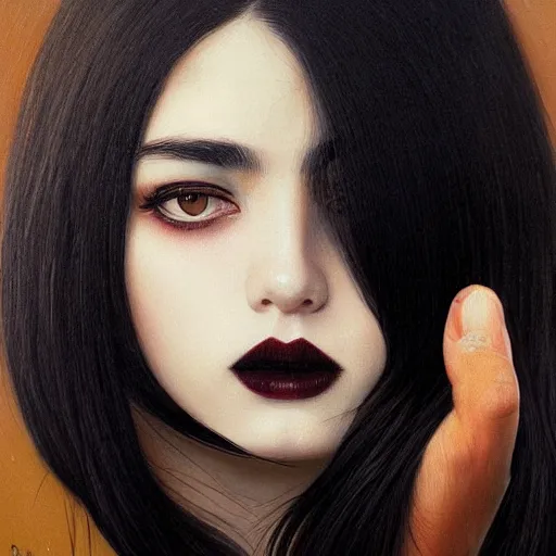 Image similar to a painting of an emo mexican woman with long dark hair thick eyebrows dark eyes and dark circles wide nose big eyes oval face shape big cheeks holding her cat, photorealistic painting by tran nguyen ilya kuvshinov and greg rutkowski featured on deviantart, gothic art, goth, gothic, detailed painting