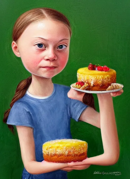 Image similar to greta thunberg eating cakes painted by nicoletta ceccoli, detailed digital art, trending on Artstation