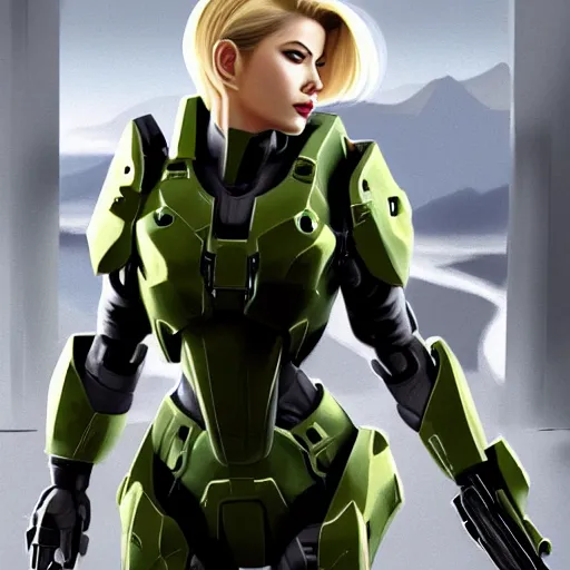 Prompt: A combination of Ada Wong's and Grace Kelly's and Katheryn Winnick's appearances with blonde hair wearing Master Chief's armor from Halo, high tech, action shot, angular, full body portrait, futuristic, dramatic, fantasy, intricate, elegant, highly detailed, digital painting, artstation, concept art, sharp focus, illustration, 8K, art by Donato Giancola and James Gurney