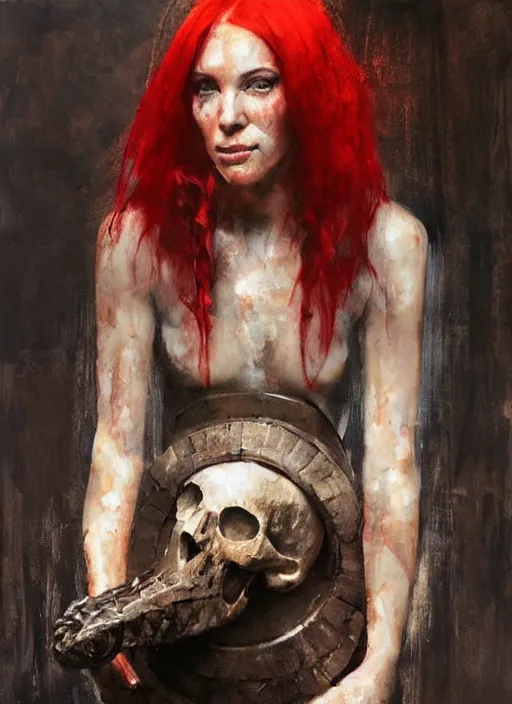 Image similar to portrait painting of beautiful red head ancient irish celtic priestess holding a dinosaur skull, by jeremy mann, only one head single portrait