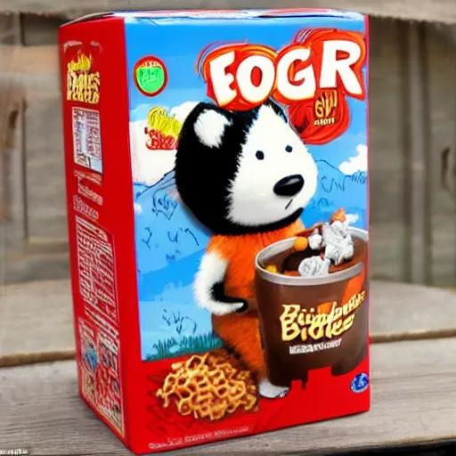 Prompt: A box of Badger Bites cereal, featuring the cereal mascot, Bruce the Badger