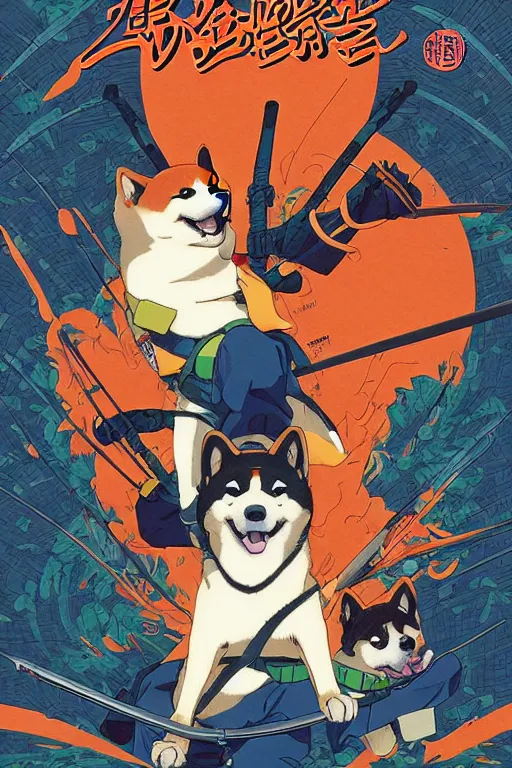 Image similar to poster of a shiba inu as a ninja, studio ghibli aesthetic, by yoichi hatakenaka, masamune shirow, josan gonzales and dan mumford, ayami kojima, takato yamamoto, barclay shaw, karol bak, yukito kishiro