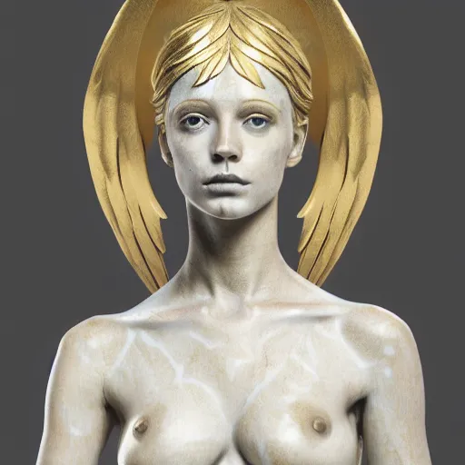 Image similar to a statue made of white marble with gold veins, of an beautiful angel girl, full body shot, perfect symmetrical body, perfect symmetrical face, no eyes, hyper realistic, hyper detailed, fujicolor superia 1 6 0 0 photo, by peter kemp, by monia merlo octane render, blender, 8 k