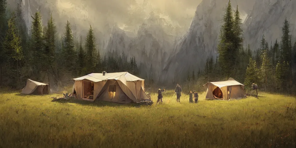 Image similar to cabela's tent fabric shelled pop up family dwelling unit, cabin, modular, person in foreground, mountainous forested wilderness open fields, beautiful views, painterly concept art, joanna gaines, environmental concept art, farmhouse, magnolia, concept art illustration by ross tran, james gurney, by craig mullins, by greg rutkowski