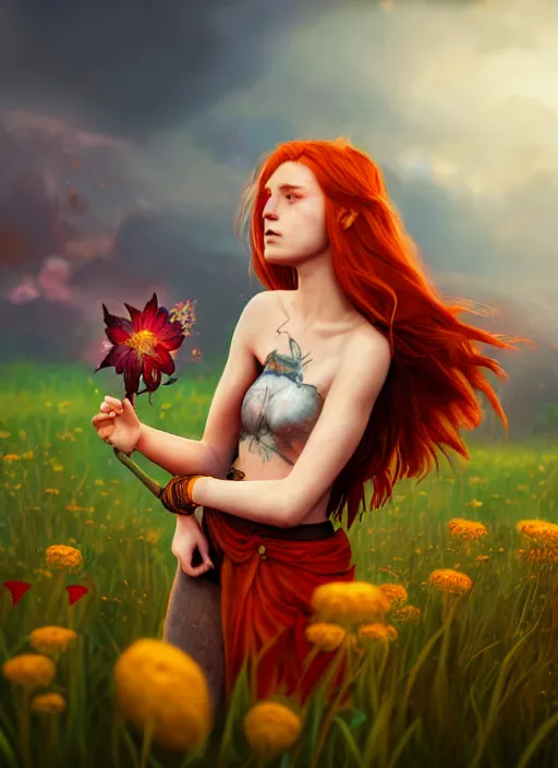 Image similar to An epic fantasy comic book style portrait painting of a young red headed girl with a small golden bee tattoo on her shoulder in a field of flowers , unreal 5, DAZ, hyperrealistic, octane render, cosplay, RPG portrait, dynamic lighting