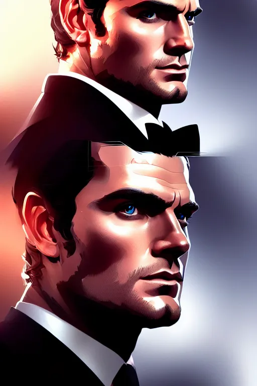 Prompt: portrait of henry cavill as james bond, rifling intro, highly detailed, digital painting, artstation, concept art, cinematic lighting, sharp focus, illustration, art by artgerm and greg rutkowski and alphonse mucha