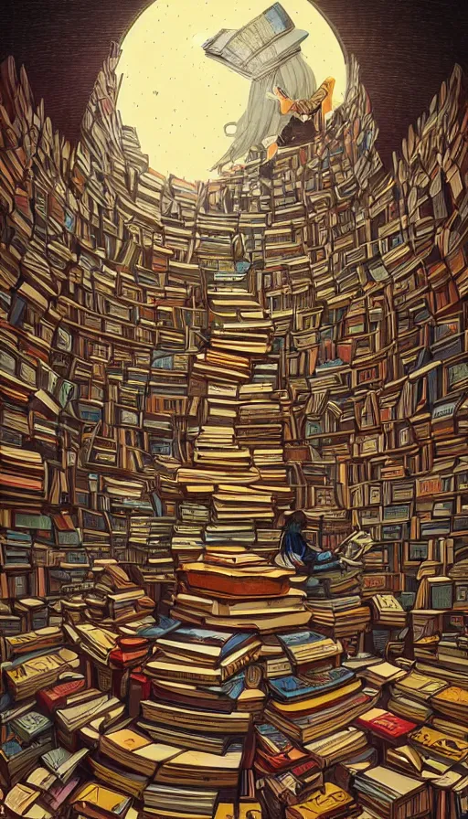 Image similar to The oracle of readers surrounded by ancient books, italian futurism, Dan Mumford, da vinci, Josan Gonzalez