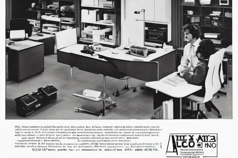 Image similar to a 1 9 8 5 electronics ad depicting an office in the style of andy zito