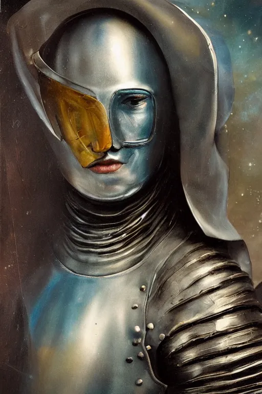 Image similar to hyperrealism oil painting, close - up portrait of face hiding in stingray medieval fashion model, knight, steel gradient mixed with nebula sky, in style of baroque mixed with 7 0 s book art