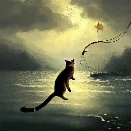 Prompt: fisherman cat, cat fishing from boat, digital art by Greg rutkowski