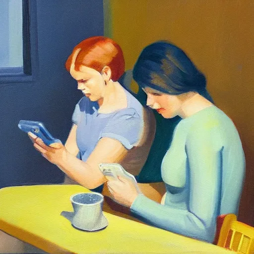 Image similar to a painting of a family sitting at home scrolling on their smartphones in the style of edward hopper