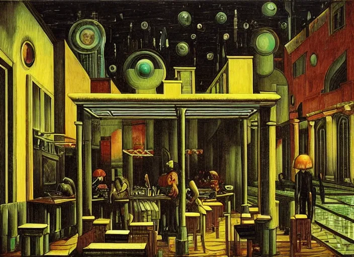 Image similar to melancholy rainy night at a cyberpunk cafe in an infinity cyberpunk city by giorgio de chirico