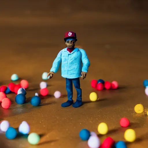 Image similar to a cinematic film still of a claymation stop motion film starring chance the rapper as a college student, shallow depth of field, 8 0 mm, f 1. 8