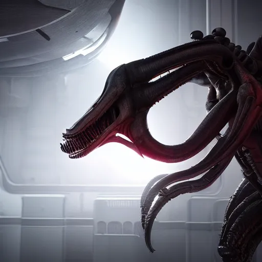 Image similar to centered photorealistic antropomorphic xenomorph inspired by Giger, sinister background, octane render, unreal engine 4k, volumetric light, fog, wide shot, detailed